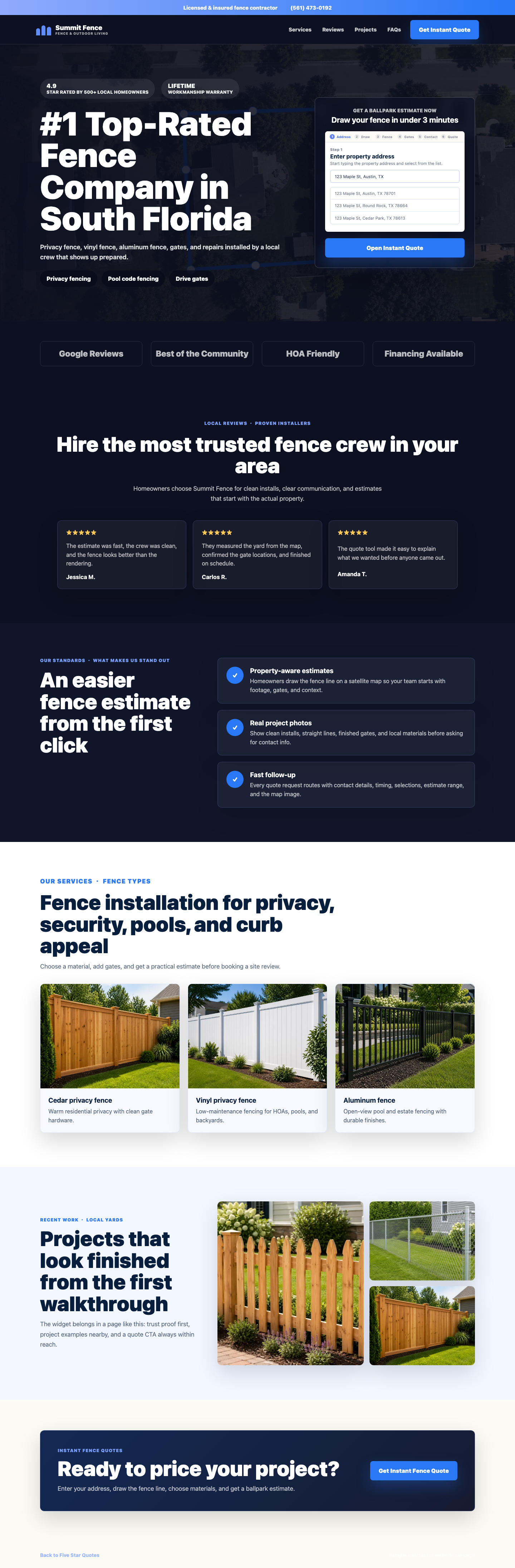 Five Star Quotes website example showing a contractor page with an embedded instant quote workflow.
