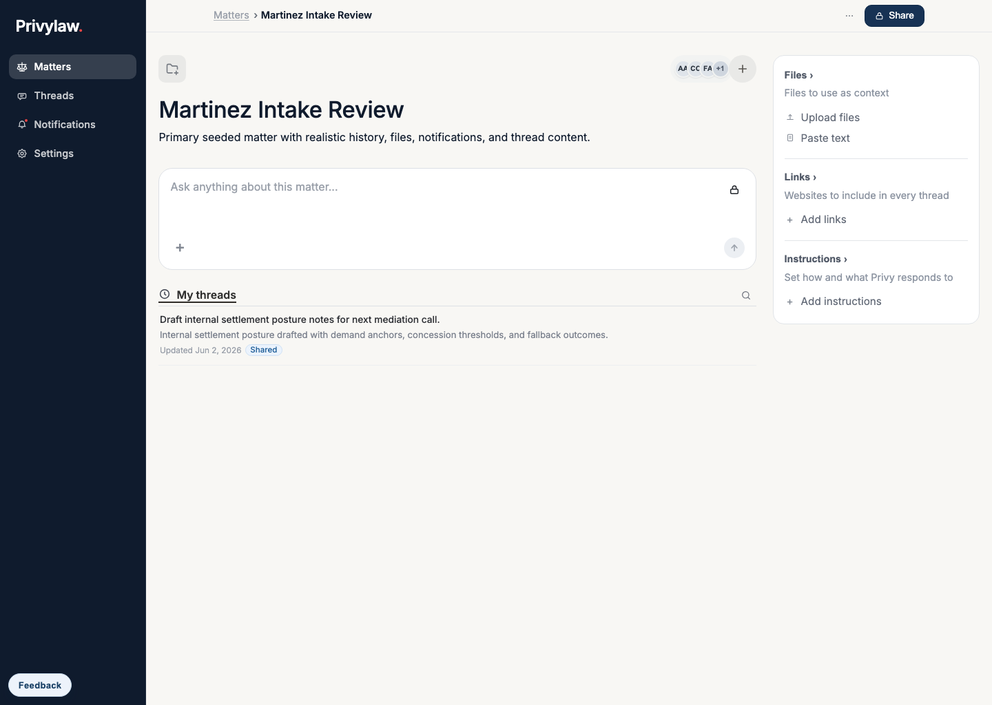 Privylaw matter room with files, links, instructions, participants, and a matter-scoped AI composer.
